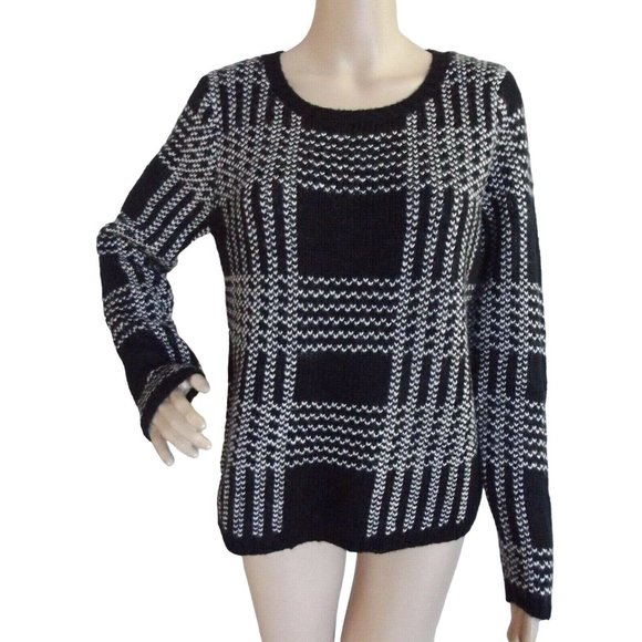 New York Laundry Sweater Womens Sz Small Wool Blend black white checkered plaid - Picture 1 of 9